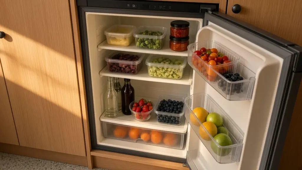 An RV refrigerator with the door open showing organized shelves