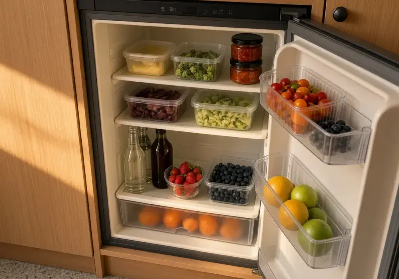 An RV refrigerator with the door open showing organized shelves