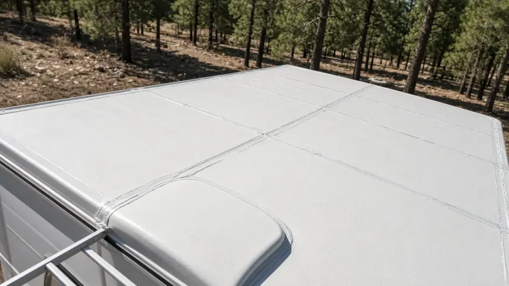 An RV roof membrane and seams viewed from a ladder