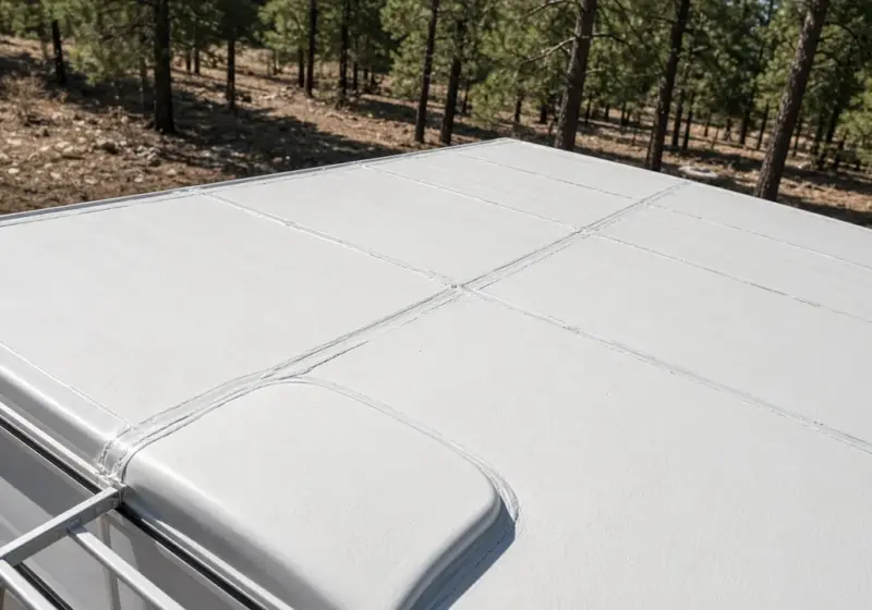 An RV roof membrane and seams viewed from a ladder
