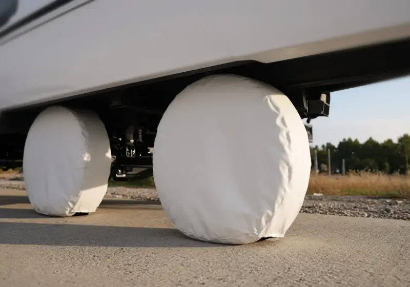 Tire covers on RV wheels parked on a concrete pad
