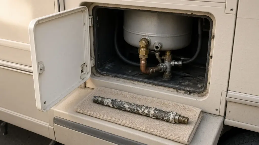 An RV water heater access panel open with an anode rod on a towel