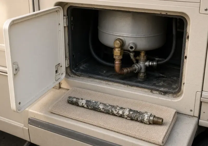 An RV water heater access panel open with an anode rod on a towel