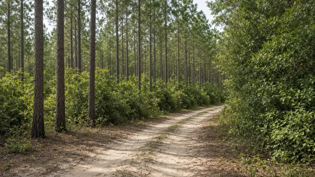 A forest trail through tall pines in a national forest in East Texas
