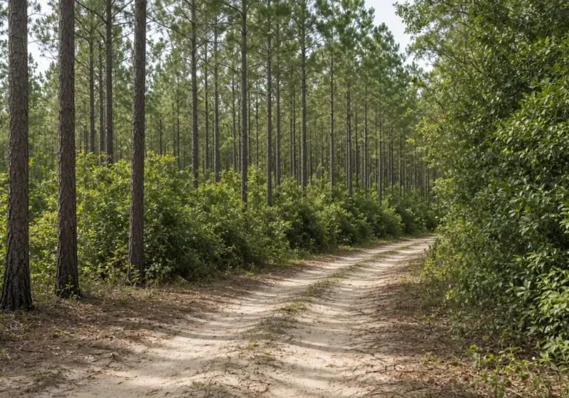 A forest trail through tall pines in a national forest in East Texas