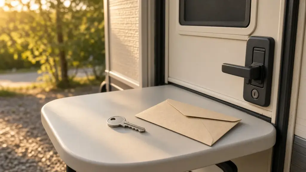 A key and an envelope on a table beside an RV door