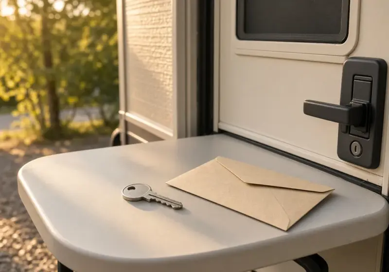 A key and an envelope on a table beside an RV door