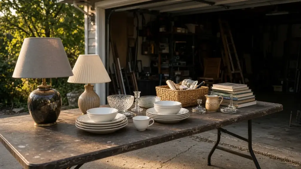 A yard sale table of household items in front of a garage