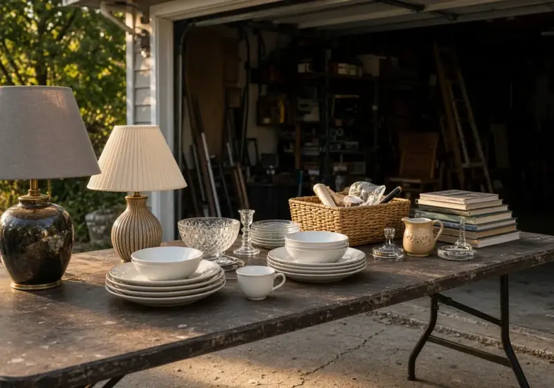 A yard sale table of household items in front of a garage