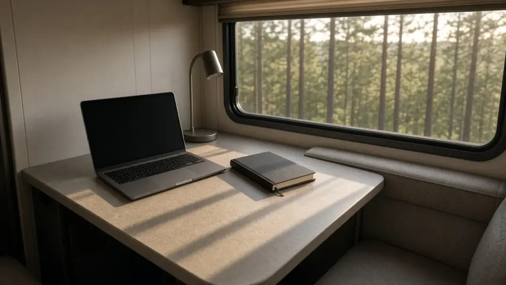 A compact desk inside an RV with a laptop, notebook, and desk lamp