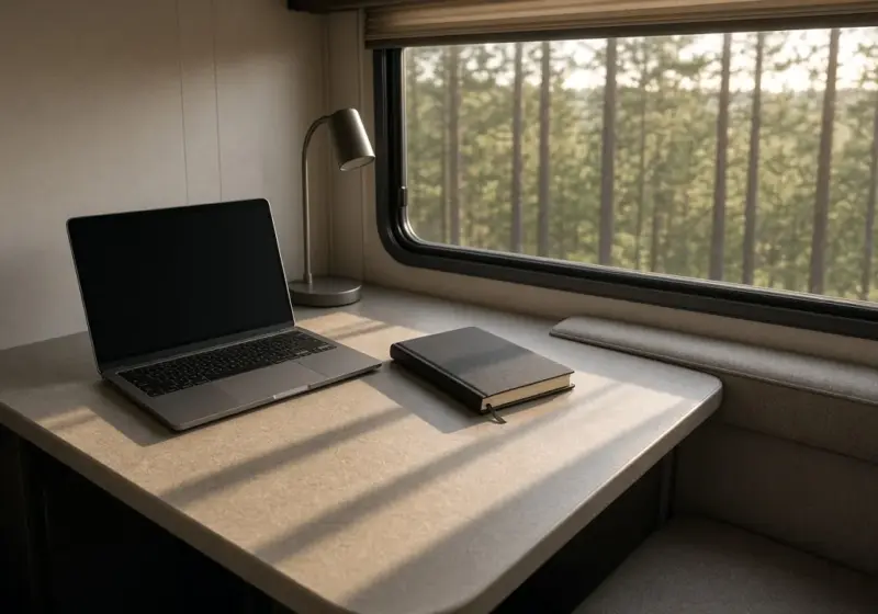 A compact desk inside an RV with a laptop, notebook, and desk lamp