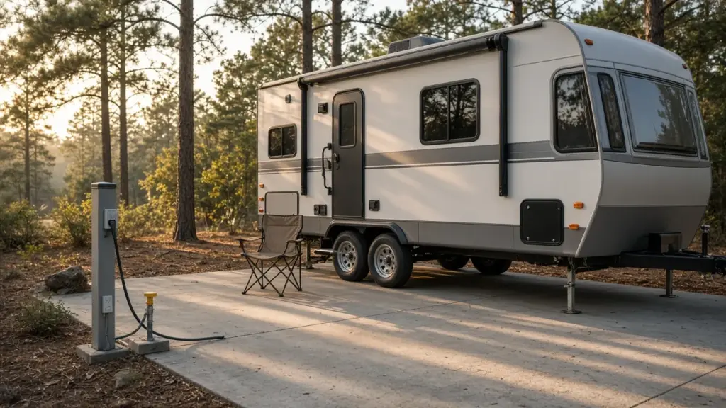 An RV connected to power and water on a concrete pad with a folding chair set beside the door