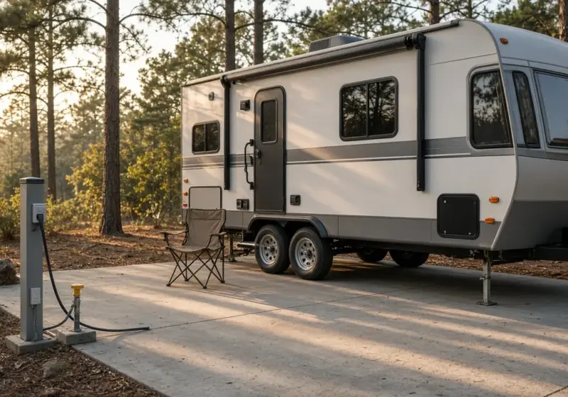An RV connected to power and water on a concrete pad with a folding chair set beside the door