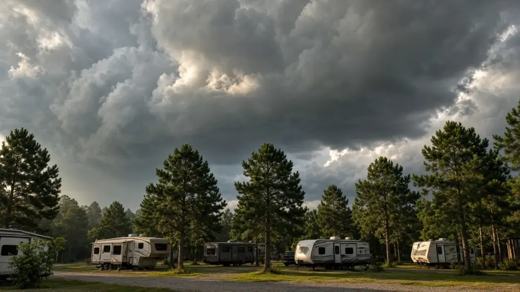 Dark thunderstorm clouds over an RV park with pine trees
