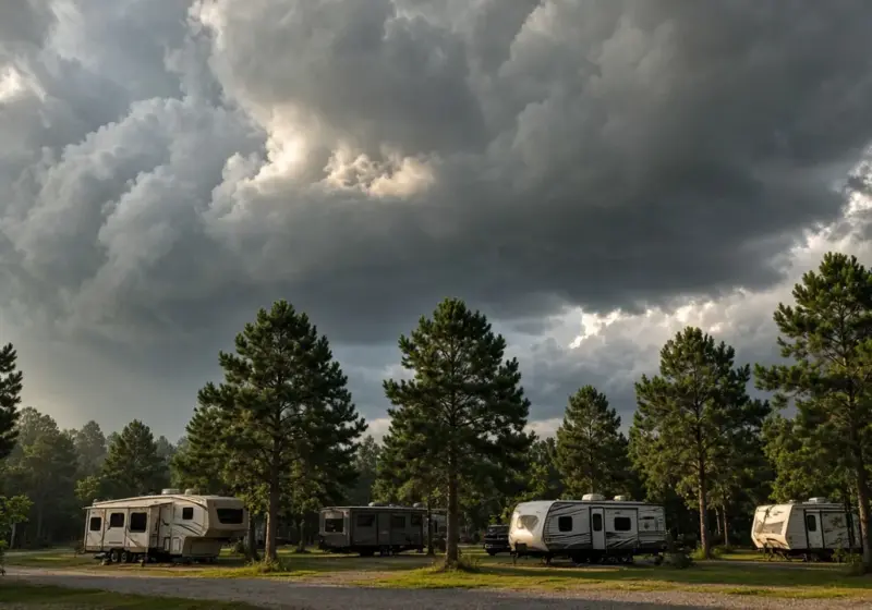 Dark thunderstorm clouds over an RV park with pine trees