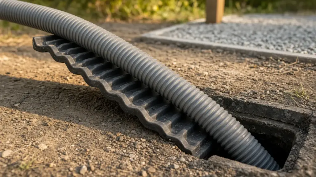 A sewer hose on a support ramp leading to a sewer inlet