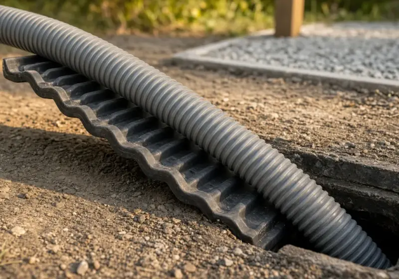 A sewer hose on a support ramp leading to a sewer inlet
