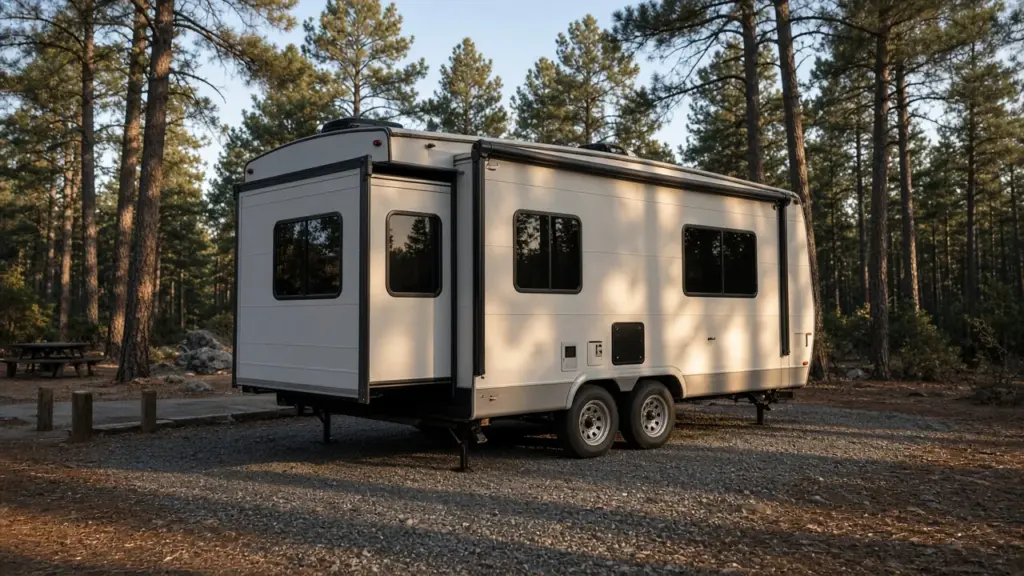 An RV slide-out partially extended showing its seals