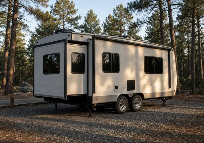 An RV slide-out partially extended showing its seals