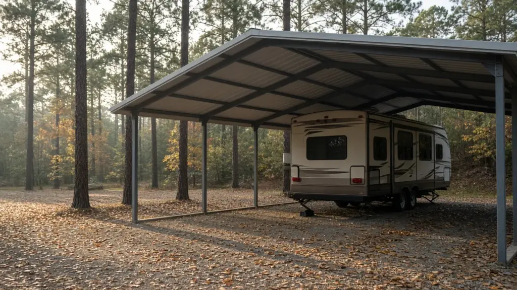 A covered RV site shown with fall leaves on the ground and pine trees behind