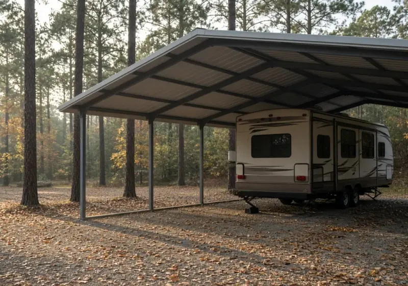 A covered RV site shown with fall leaves on the ground and pine trees behind