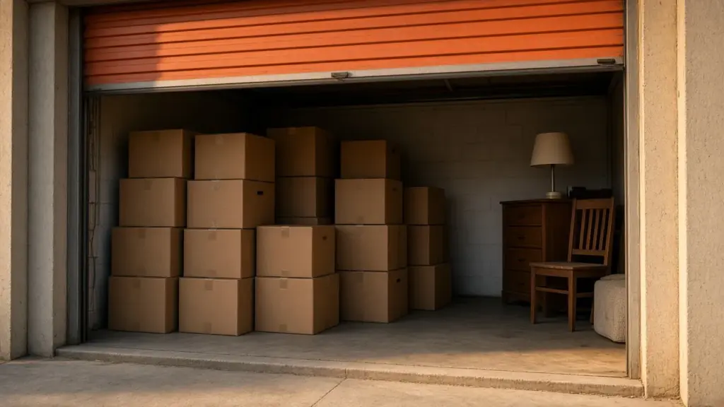 A self-storage unit with the roll-up door open showing boxes