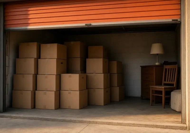A self-storage unit with the roll-up door open showing boxes