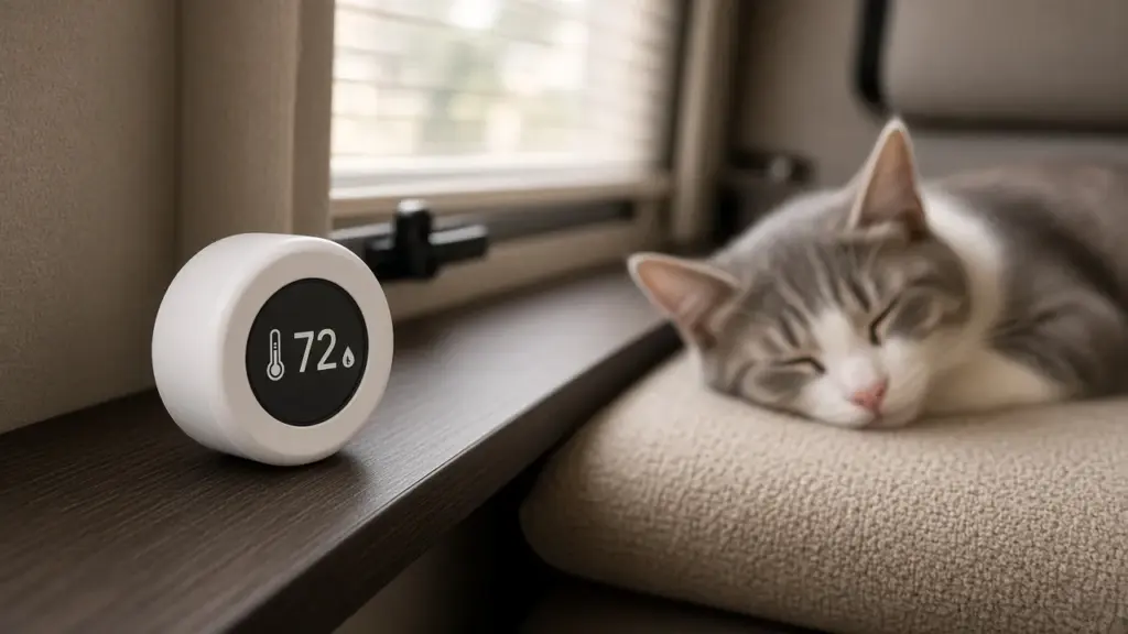 A wireless temperature sensor on an RV shelf with a sleeping cat nearby