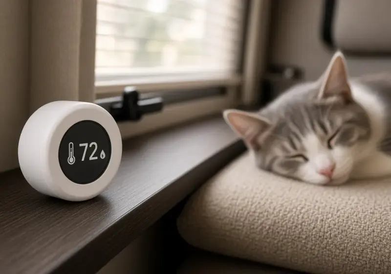 A wireless temperature sensor on an RV shelf with a sleeping cat nearby