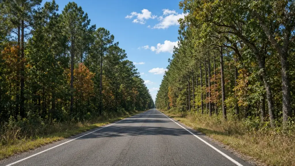 A rural Texas country road lined with trees in autumn