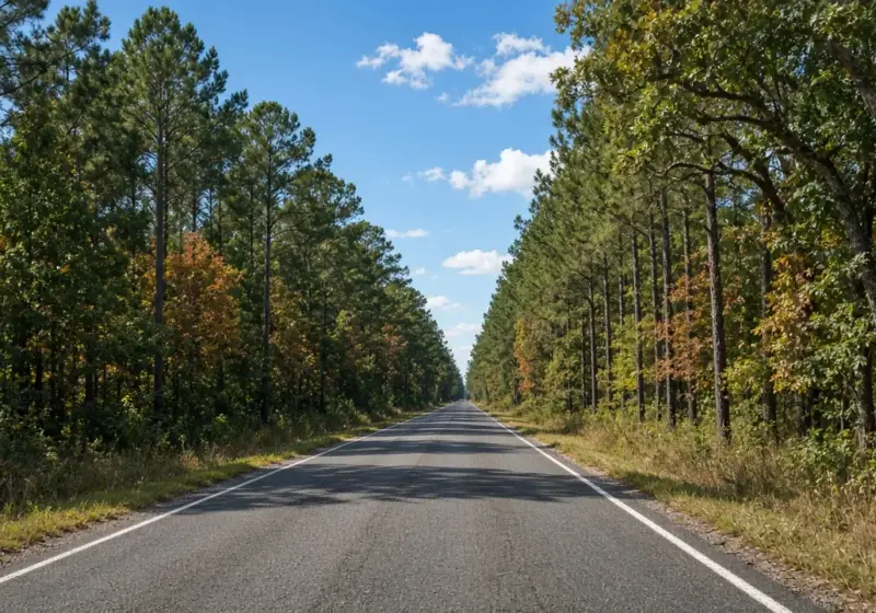 A rural Texas country road lined with trees in autumn