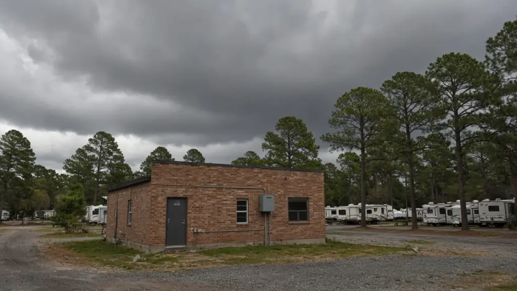 A sturdy brick building near an RV park under a stormy sky
