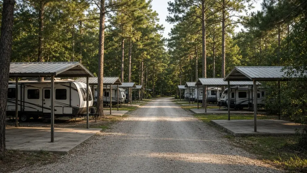A gravel lane through a small RV park with covered sites on both sides in daylight