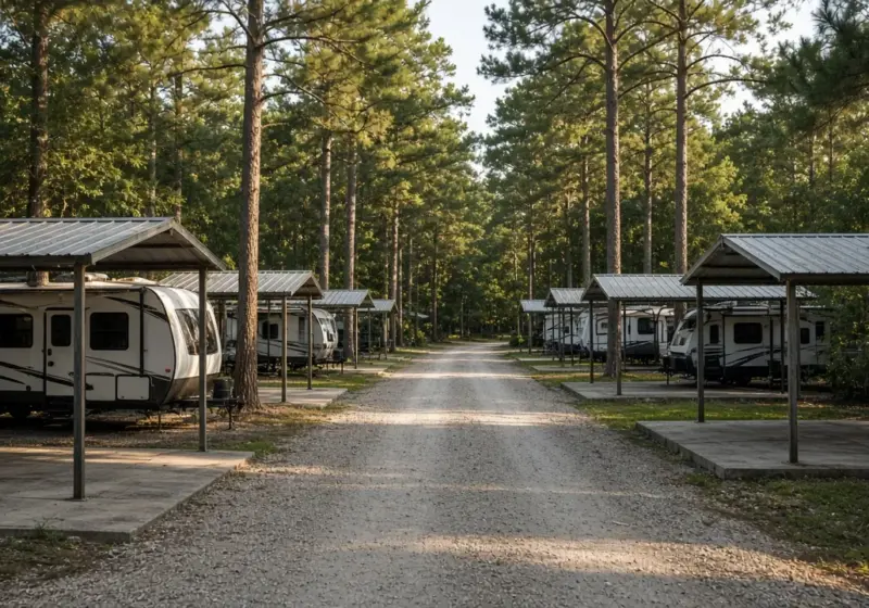A gravel lane through a small RV park with covered sites on both sides in daylight