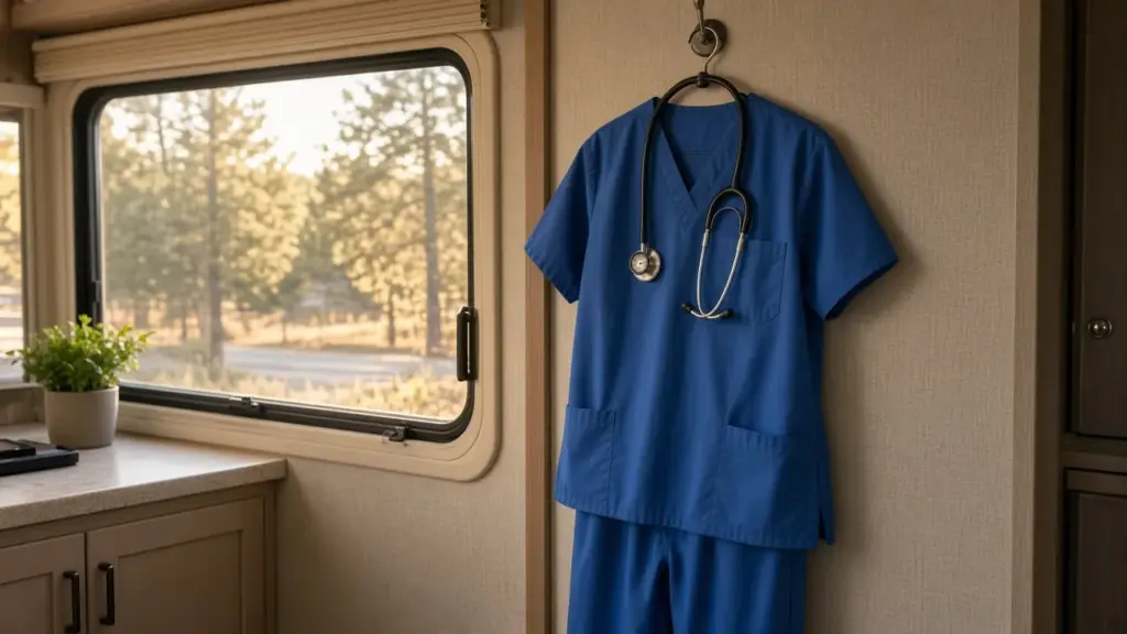 Scrubs and a stethoscope hanging on a hook inside an RV