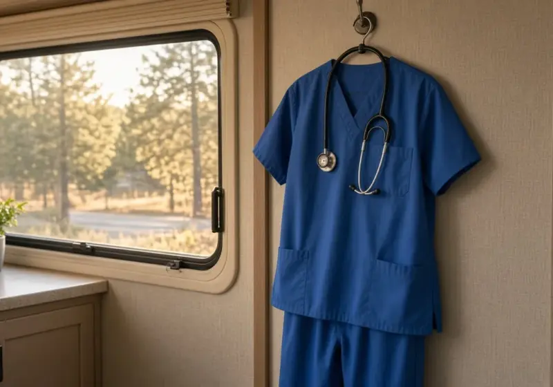 Scrubs and a stethoscope hanging on a hook inside an RV