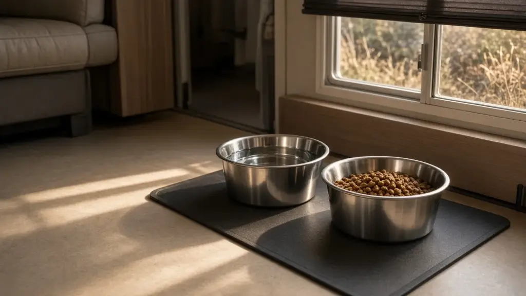 Two dog bowls on a mat inside an RV