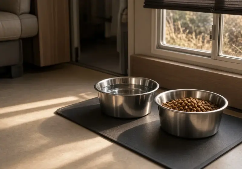 Two dog bowls on a mat inside an RV