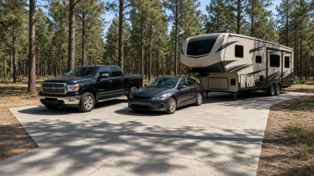 A pickup truck and a sedan parked beside a travel trailer