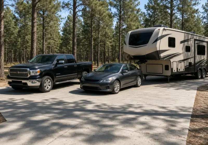 A pickup truck and a sedan parked beside a travel trailer