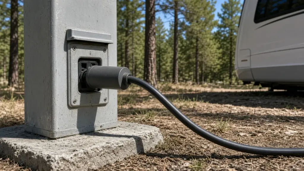 A surge protector plugged into an RV power pedestal