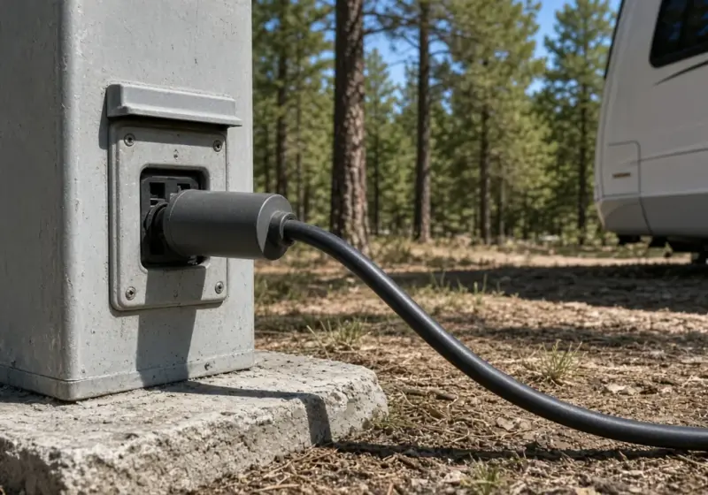 A surge protector plugged into an RV power pedestal