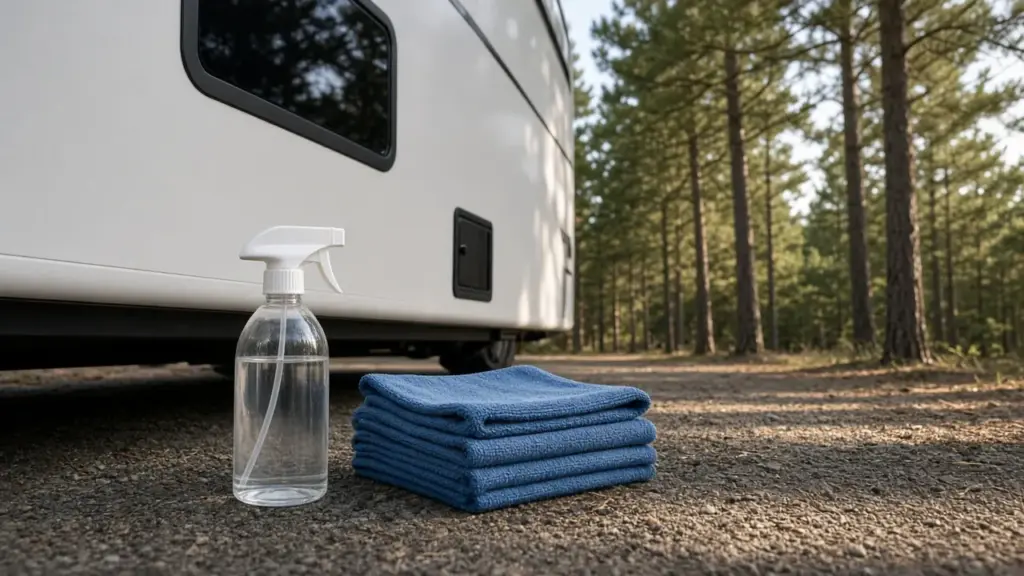A waterless wash spray bottle and microfiber towels beside an RV