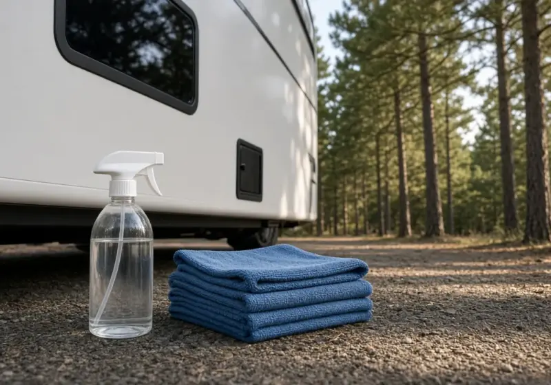 A waterless wash spray bottle and microfiber towels beside an RV
