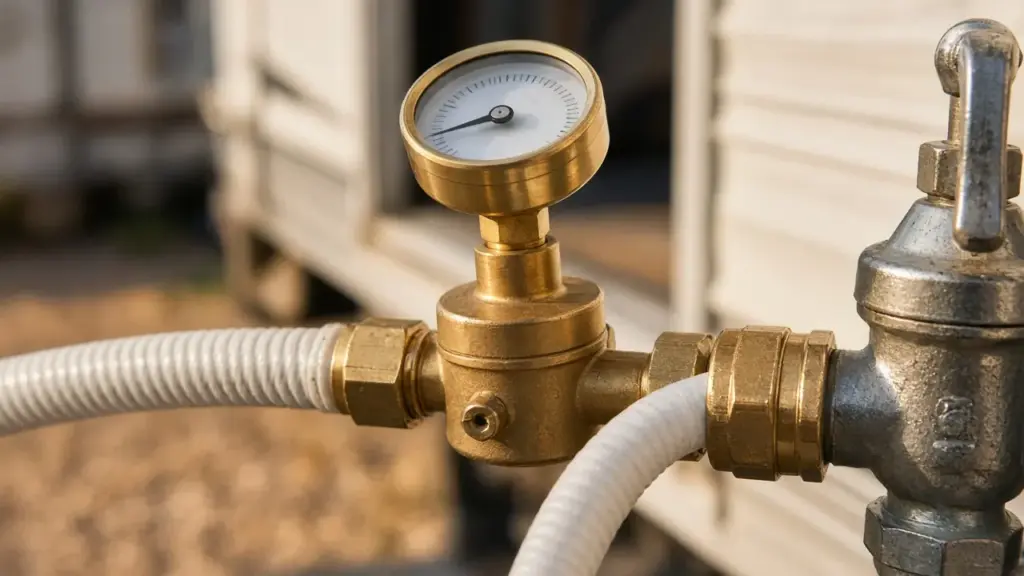 A brass water pressure regulator with a gauge on an RV hose