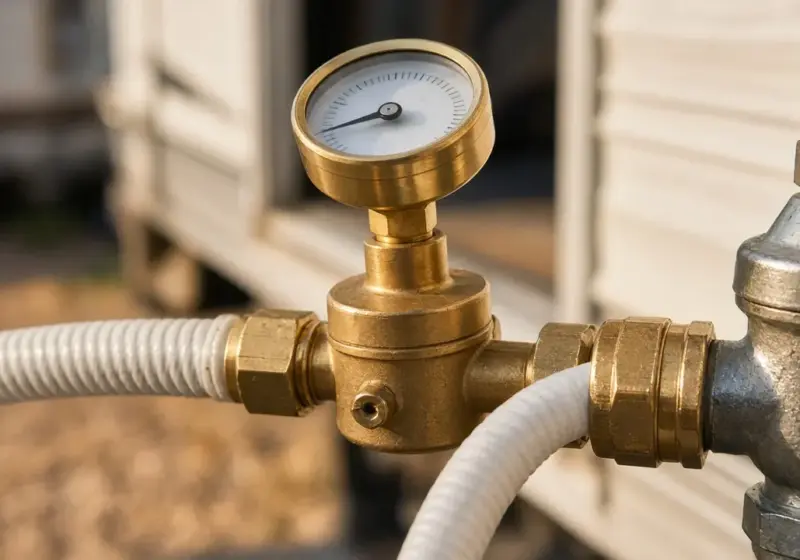 A brass water pressure regulator with a gauge on an RV hose
