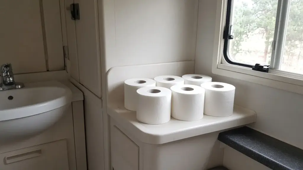 Rolls of septic-safe toilet paper on a shelf in an RV bathroom