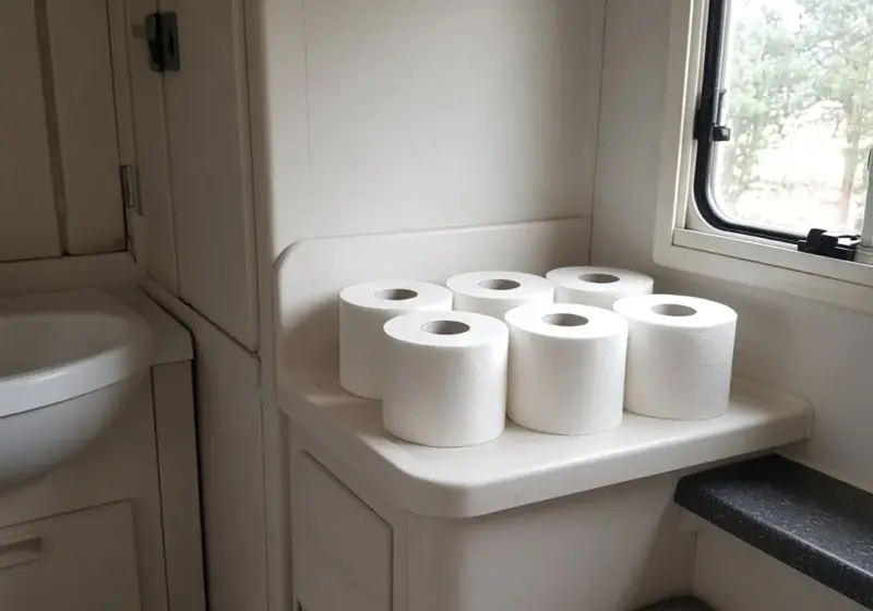 Rolls of septic-safe toilet paper on a shelf in an RV bathroom