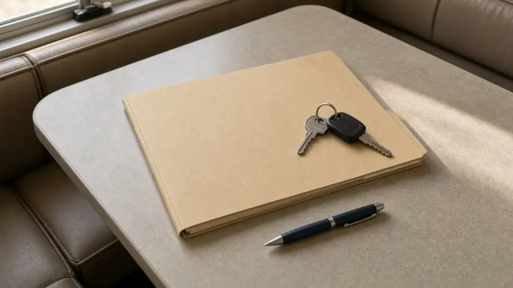 A folder of documents, keys, and a pen on an RV table