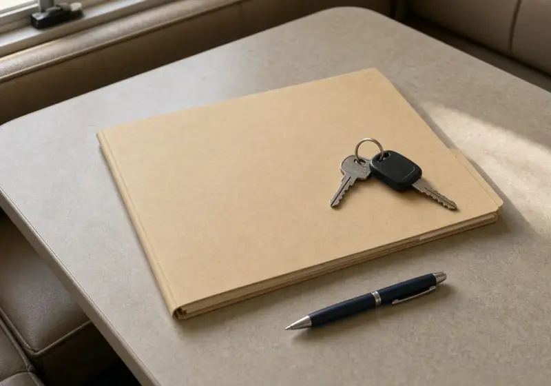 A folder of documents, keys, and a pen on an RV table